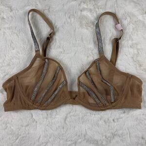 Victoria’s Secret Very Sexy Sheer Shine Unlined Low Cut Demi Bra Tan Mesh 32C